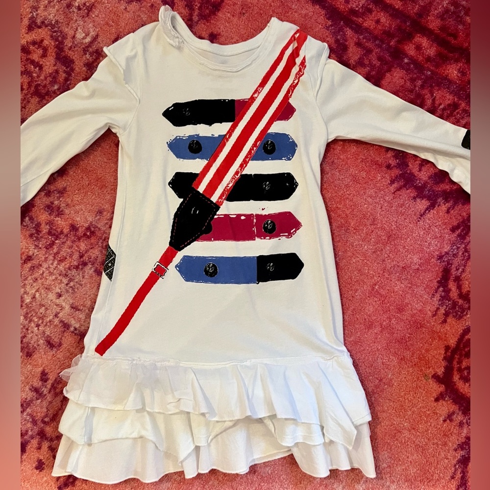 White Girls' Ruffle Hem Dress with Red & Blue Graphic